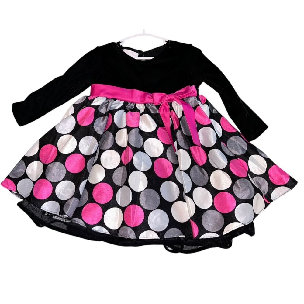 Bonnie Baby holiday dress black velvet colorful polka dots and tulle EUC 18 mos